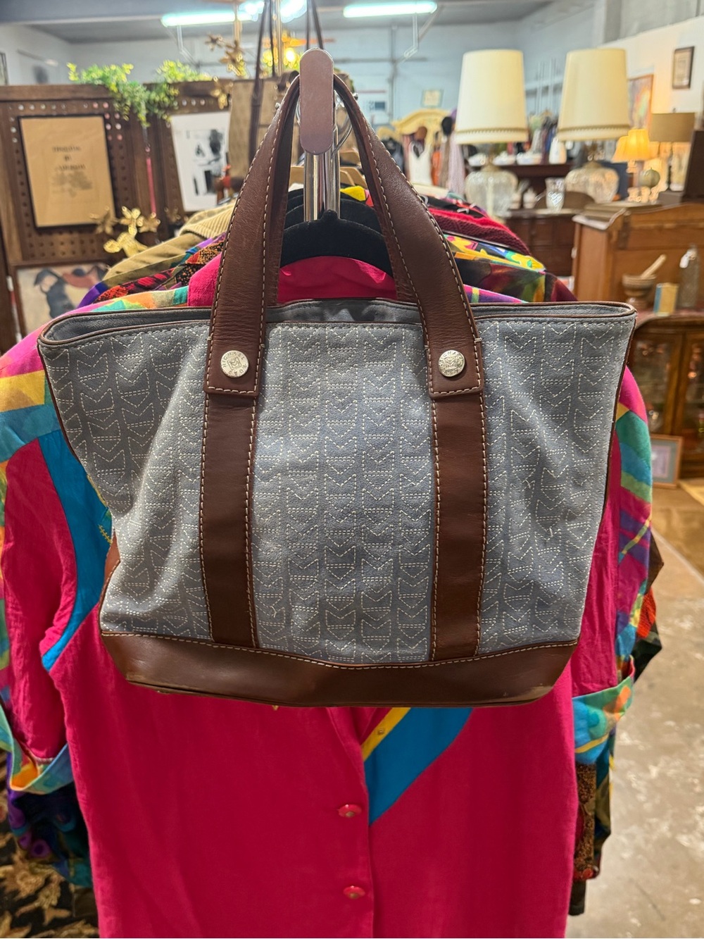 Gray Canvas Tote with Brown Leather Trim - Men's Carryall